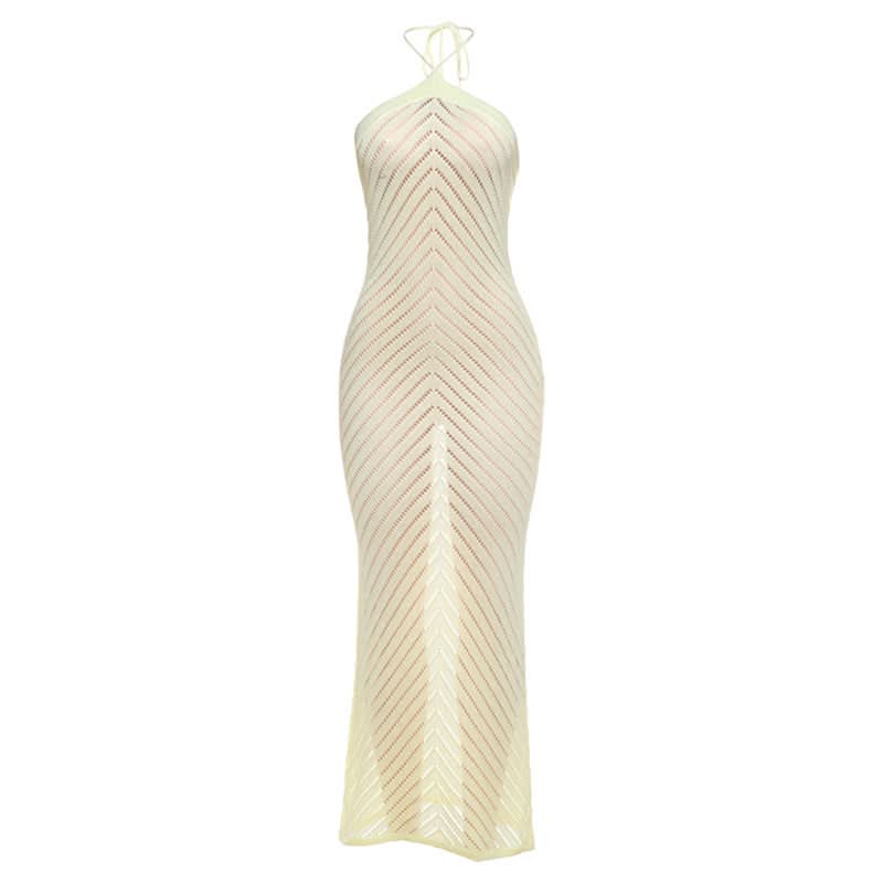 Self tie halter knitted hollow out cut out maxi dress