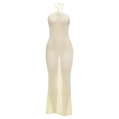 Self tie halter knitted hollow out cut out maxi dress