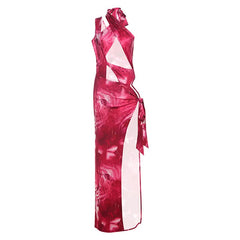 Hollow out irregular slit print halter cut out maxi dress