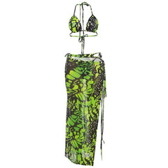 Halter self tie hollow out print maxi skirt set
