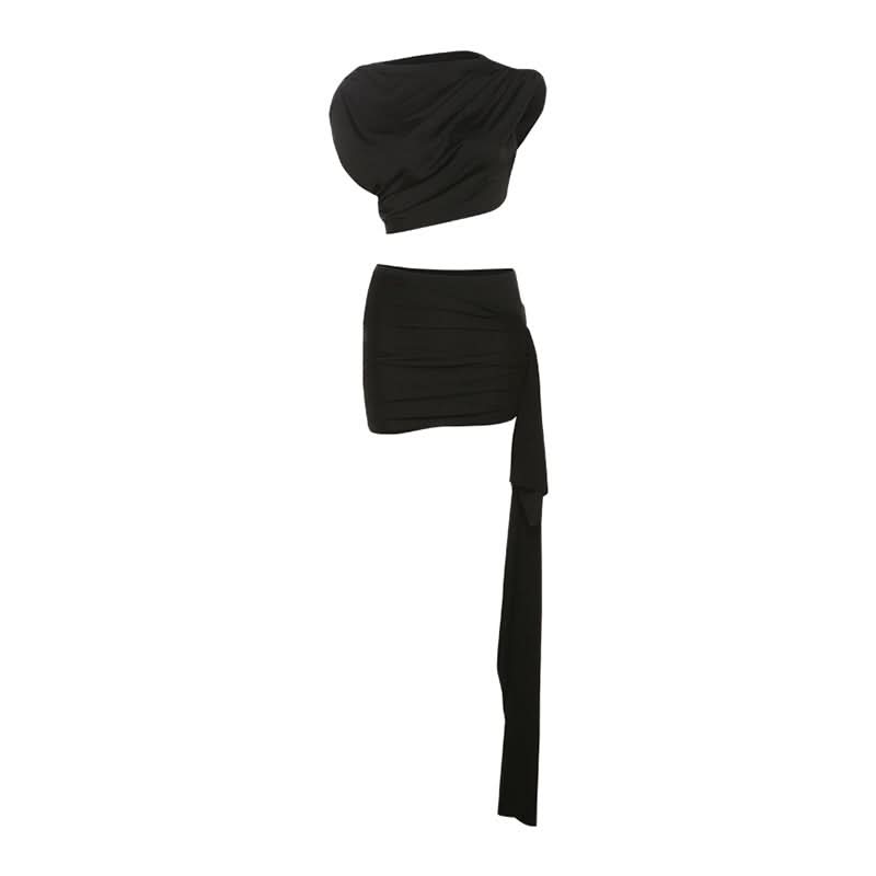 Ruched irregular solid crop mini skirt set