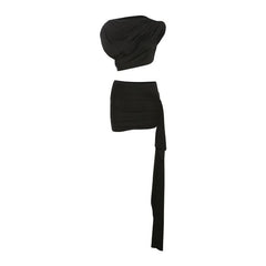 Ruched irregular solid crop mini skirt set