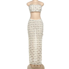 Slit striped flower applique tube maxi skirt set