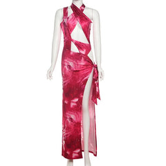 Hollow out irregular slit print halter cut out maxi dress