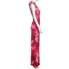 Hollow out irregular slit print halter cut out maxi dress