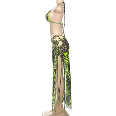 Halter self tie hollow out print maxi skirt set