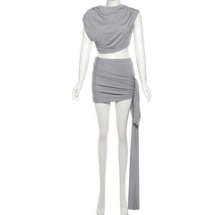 Ruched irregular solid crop mini skirt set