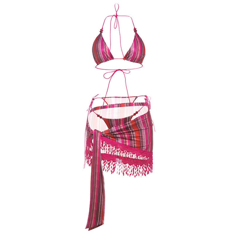 Striped self tie halter tassels 3 piece mini skirt set