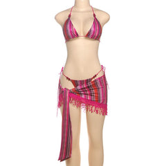 Striped self tie halter tassels 3 piece mini skirt set