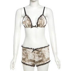 Lace hem bowknot self tie print pant set