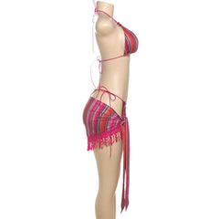 Striped self tie halter tassels 3 piece mini skirt set