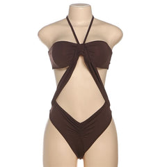 Hollow out halter self tie ruched bodysuit