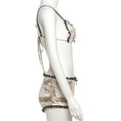 Lace hem bowknot self tie print pant set