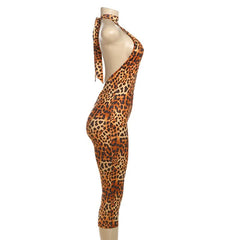 Leopard print halter self tie ruched romper