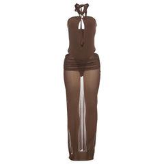 Hollow out button halter ruched maxi skirt set