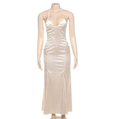 Satin v neck zip-up backless cami maxi dress