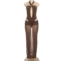 Hollow out button halter ruched maxi skirt set