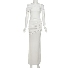 One shoulder ruched ribbed irregular maxi skirt set