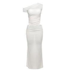 Mesh one shoulder irregular ruched maxi dress