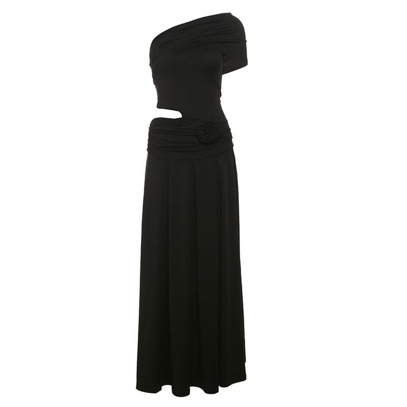 Irregular one shoulder flower applique maxi dress