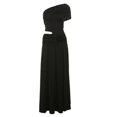 Irregular one shoulder flower applique maxi dress