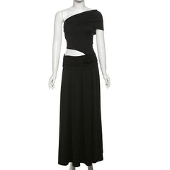 Irregular one shoulder flower applique maxi dress