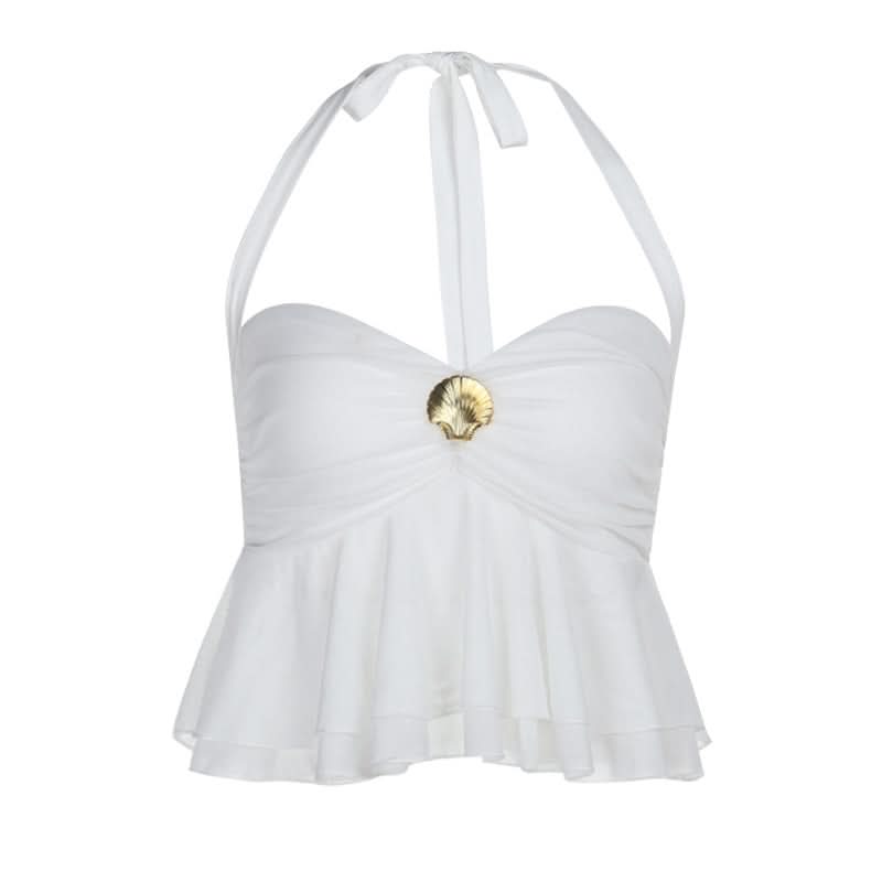 Halter self tie ruched mesh solid top