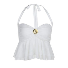 Halter self tie ruched mesh solid top