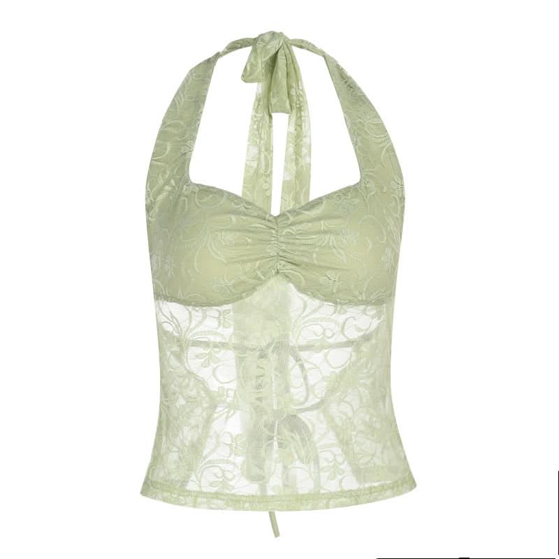 Lace halter self tie v neck ruched top