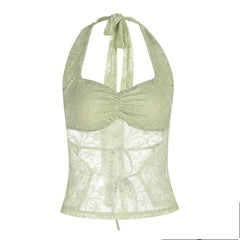 Lace halter self tie v neck ruched top