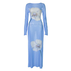 Long sleeve flower print self tie mesh maxi dress