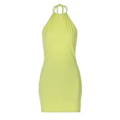Halter self tie ruched backless mini dress