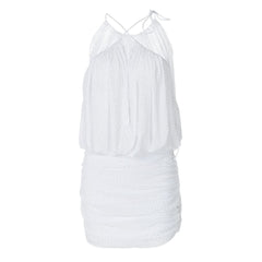 Ruched mesh beaded cross front mini dress