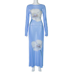 Long sleeve flower print self tie mesh maxi dress