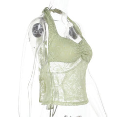 Lace halter self tie v neck ruched top