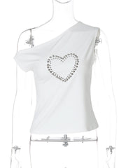 One shoulder irregular heart applique top