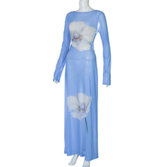Long sleeve flower print self tie mesh maxi dress