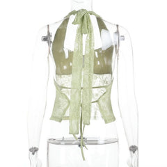 Lace halter self tie v neck ruched top