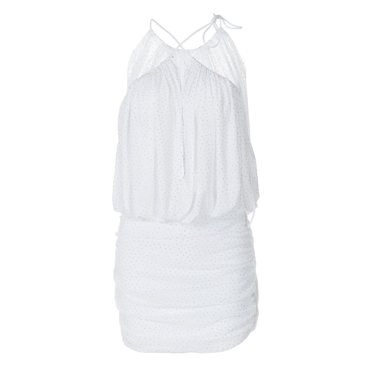 Ruched mesh beaded cross front mini dress