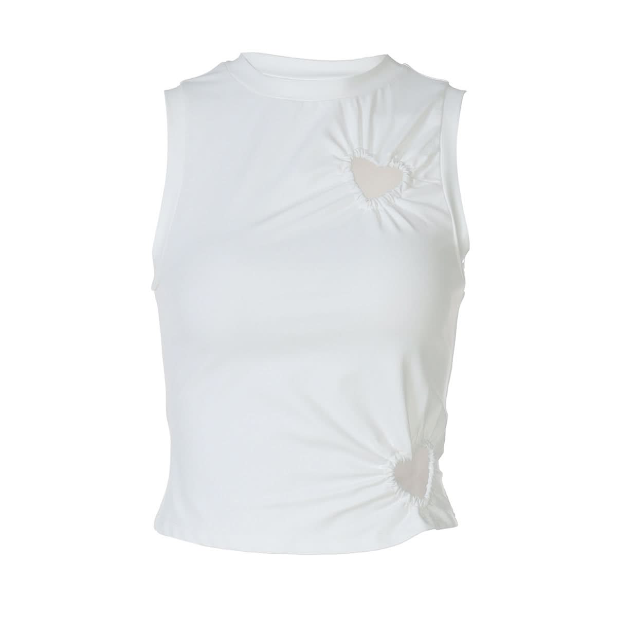Crewneck heart hollow out ruched solid cut out top
