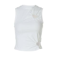 Crewneck heart hollow out ruched solid cut out top
