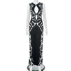 Hollow out slit snakeskin print crewneck cut out maxi dress