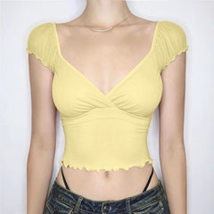 Ruffle v neck ruched puff sleeve solid top