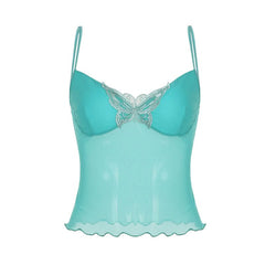 Bowknot lace hem v neck ruffle mesh top