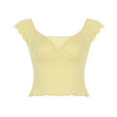 Ruffle v neck ruched puff sleeve solid top