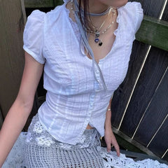 Button lace hem puff sleeve solid top