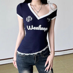Lace hem v neck short sleeve irregular top