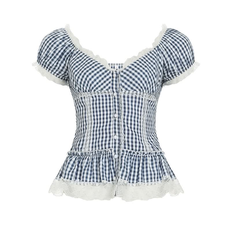 V neck lace hem plaid puff sleeve ruched top