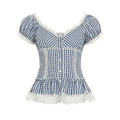 V neck lace hem plaid puff sleeve ruched top