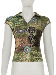 Cap sleeve print button turnover collar top